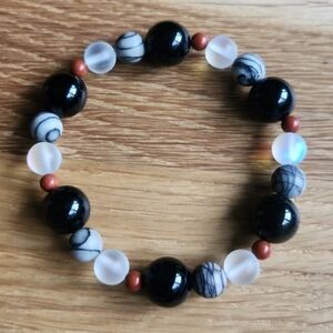 Handcrafted Bracelet Golden Obsidian Spiderweb Jasper & Red Jasper Bead Stretch